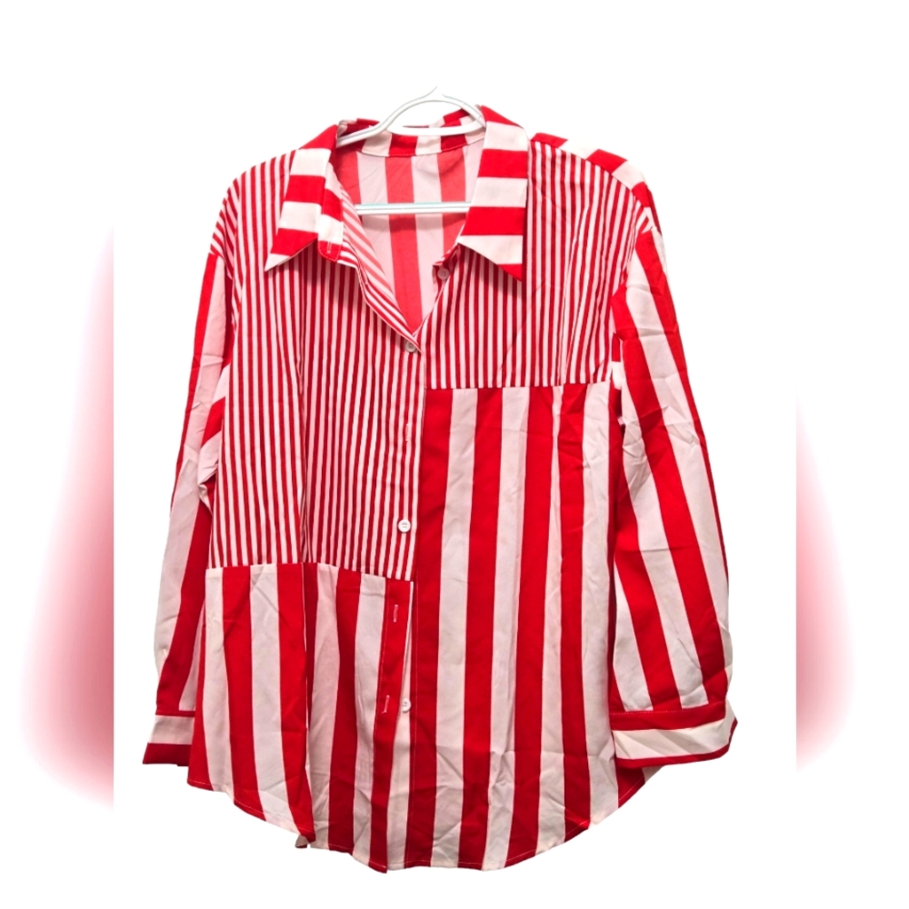 261T524 New Shein Curve Red & White Button-Down Shirt